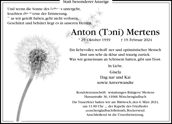 Traueranzeige von Anton Mertens von trauer.extra-tipp-moenchengladbach.de