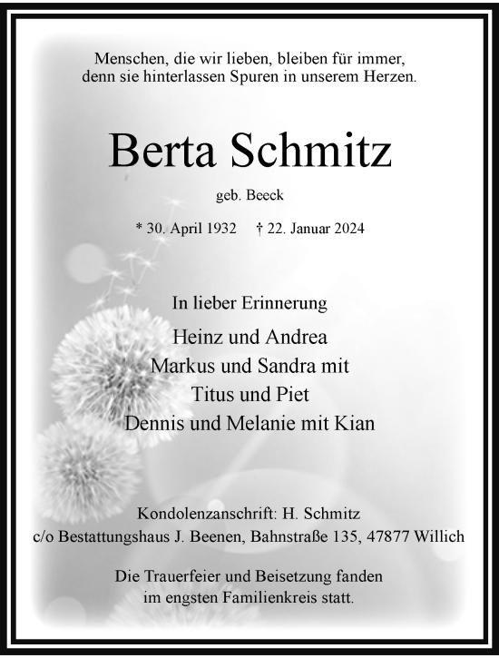 Traueranzeige von Berta Schmitz von trauer.extra-tipp-moenchengladbach.de