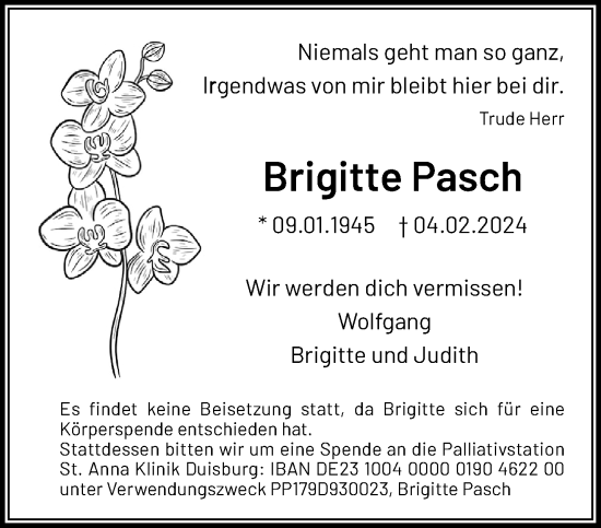 Traueranzeige von Brigitte Pasch von trauer.extra-tipp-moenchengladbach.de