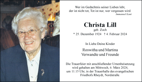 Traueranzeige von Christa Lill von trauer.extra-tipp-moenchengladbach.de