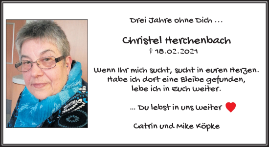 Traueranzeige von Christel Herchenbach von trauer.wuppertaler-rundschau.de