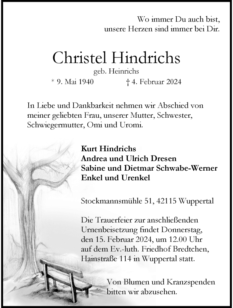 Traueranzeige für Christel Hindrichs vom 10.02.2024 aus trauer.wuppertaler-rundschau.de