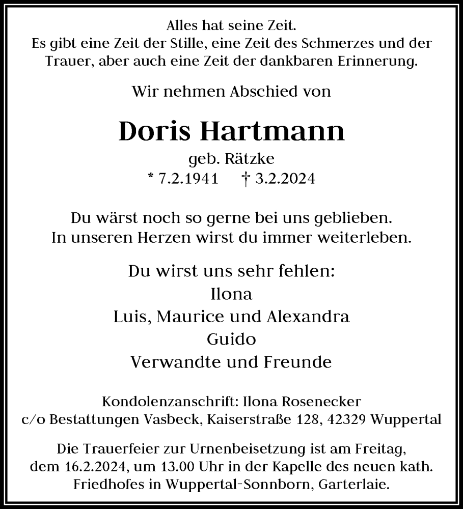  Traueranzeige für Doris Hartmann vom 10.02.2024 aus trauer.wuppertaler-rundschau.de