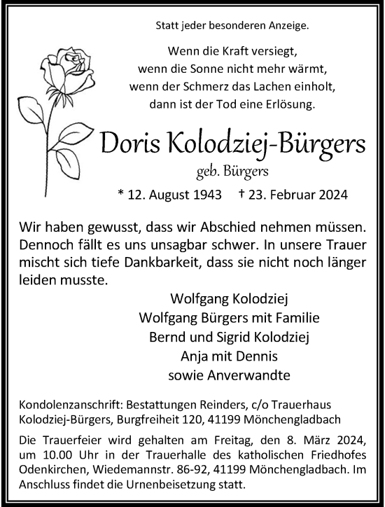 Traueranzeige von Doris Kolodziej-Bürgers von trauer.extra-tipp-moenchengladbach.de