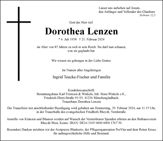 Traueranzeige von Dorothea Lenzen von trauer.extra-tipp-moenchengladbach.de