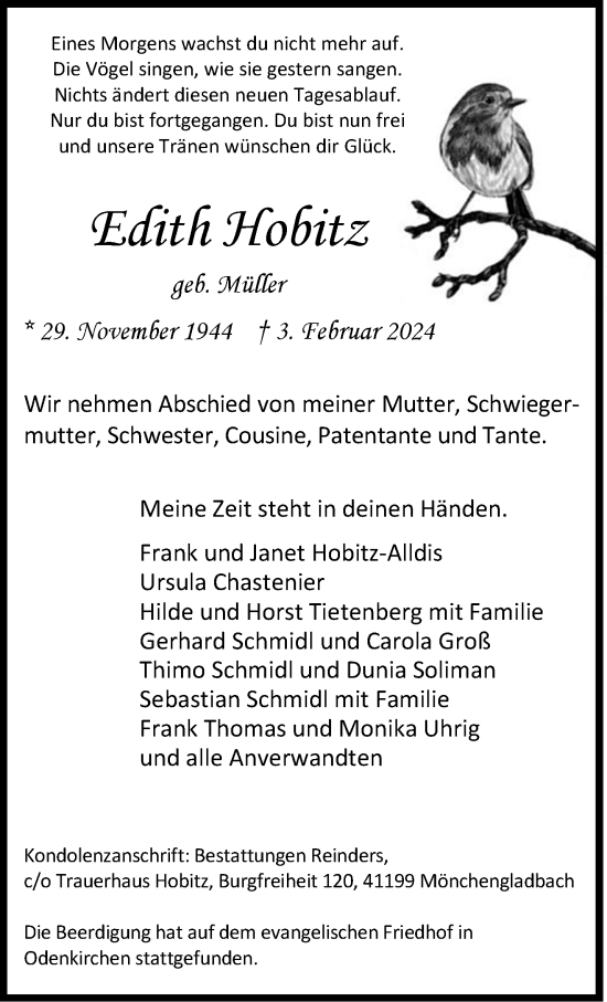 Traueranzeige von Edith Hobitz von trauer.extra-tipp-moenchengladbach.de