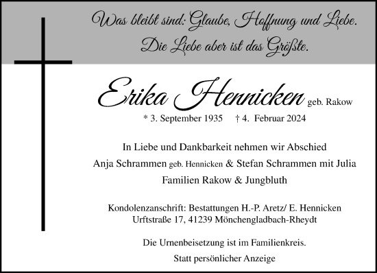 Traueranzeige von Erika Hennicken von trauer.extra-tipp-moenchengladbach.de