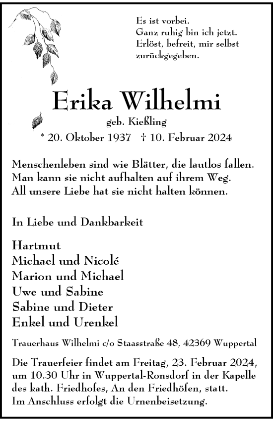 Traueranzeige von Erika Wilhelmi von trauer.wuppertaler-rundschau.de