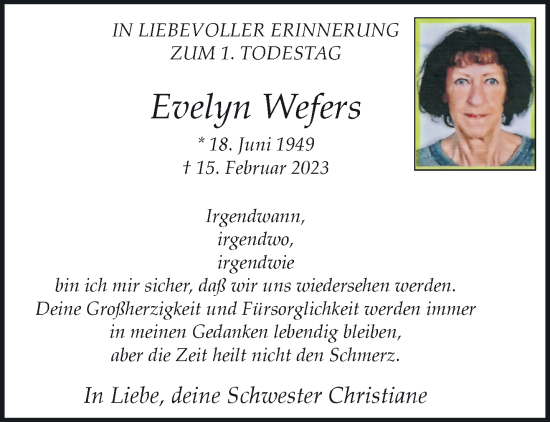 Traueranzeige von Evelyn Wefers von trauer.extra-tipp-moenchengladbach.de