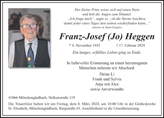 Traueranzeige von Franz-Josef Heggen von trauer.extra-tipp-moenchengladbach.de