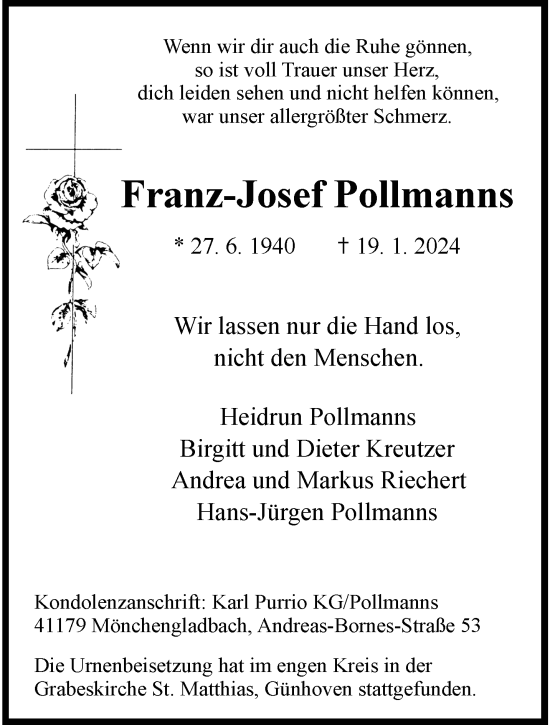 Traueranzeige von Franz-Josef Pollmanns von trauer.extra-tipp-moenchengladbach.de