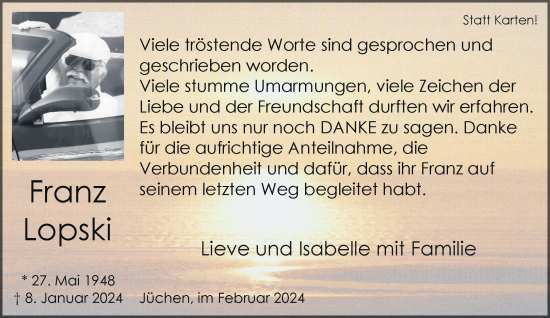 Traueranzeige von Franz Lopski von trauer.stadt-kurier.de