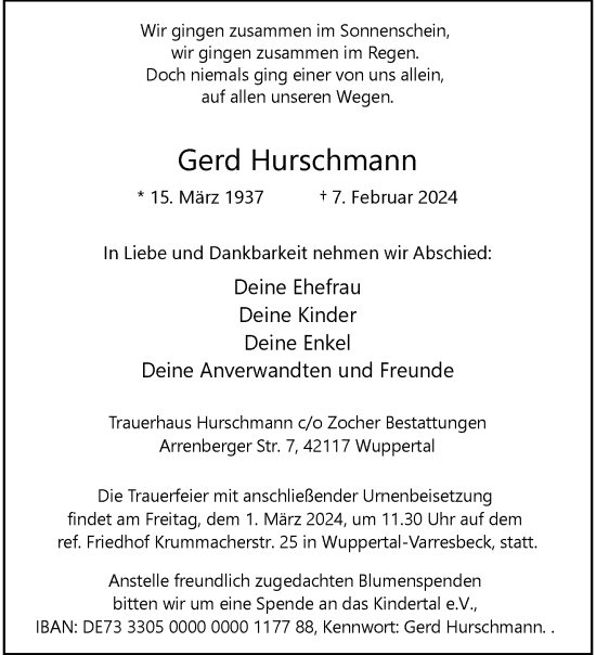 Traueranzeige von Gerd Hurschmann von trauer.wuppertaler-rundschau.de