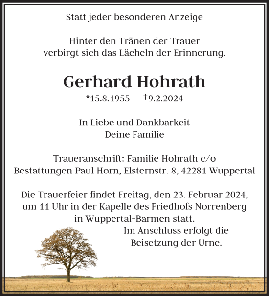 Traueranzeige von Gerhard Hohrath von trauer.wuppertaler-rundschau.de