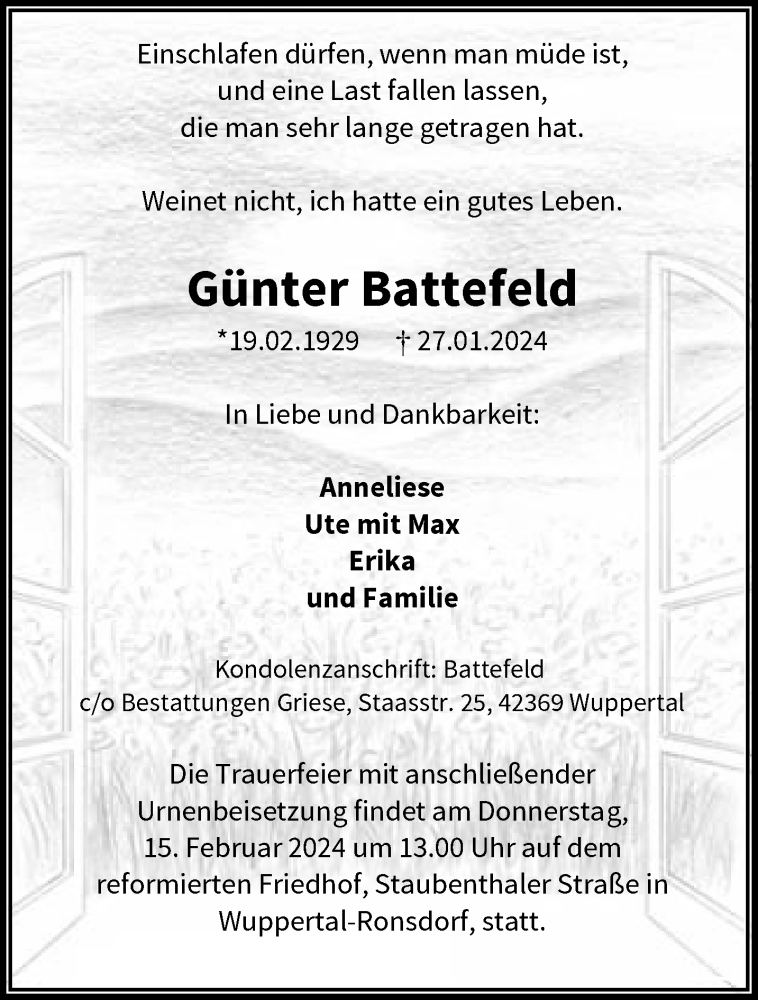  Traueranzeige für Günter Battefeld vom 10.02.2024 aus trauer.wuppertaler-rundschau.de