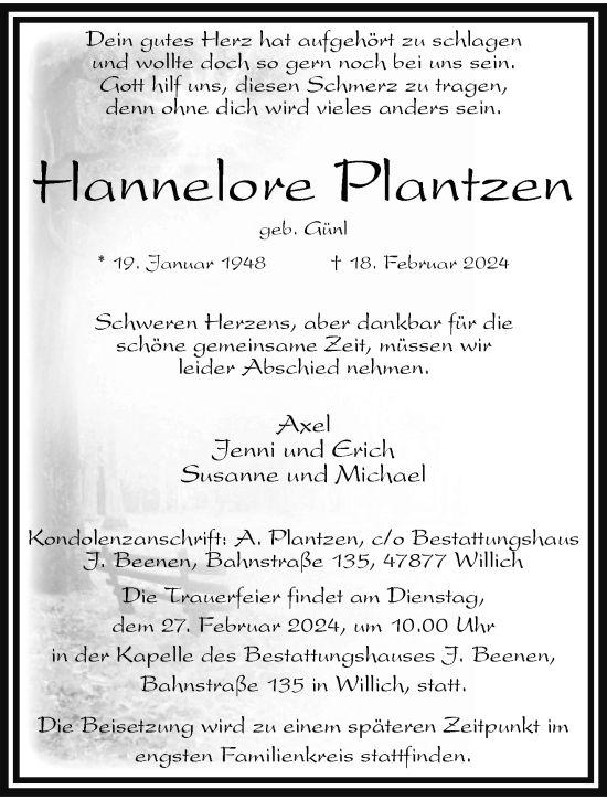 Traueranzeige von Hannelore Plantzen von trauer.extra-tipp-moenchengladbach.de