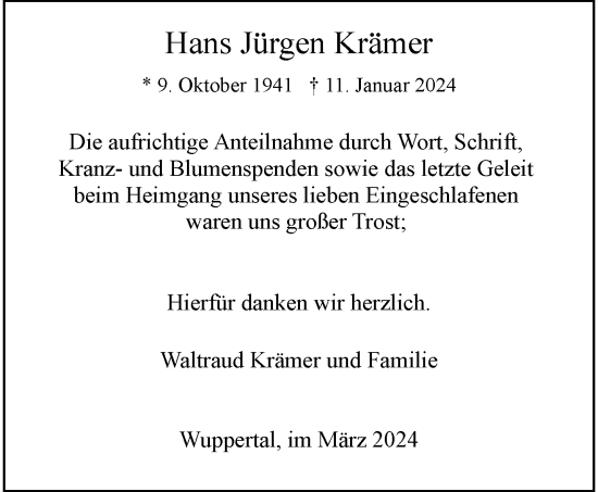 Traueranzeige von Hans Jürgen Krämer von trauer.wuppertaler-rundschau.de