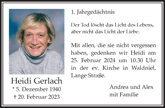 Traueranzeige von Heidi Gerlach von trauer.extra-tipp-moenchengladbach.de