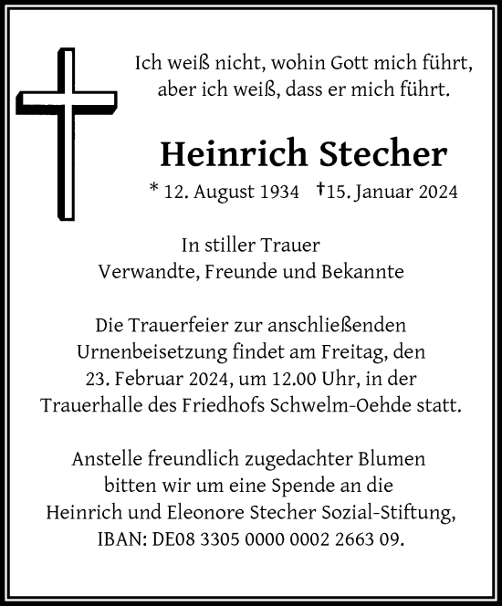 Traueranzeige von Heinrich Stecher von trauer.wuppertaler-rundschau.de