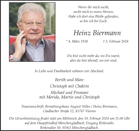 Traueranzeige von Heinz Biermann von trauer.extra-tipp-moenchengladbach.de