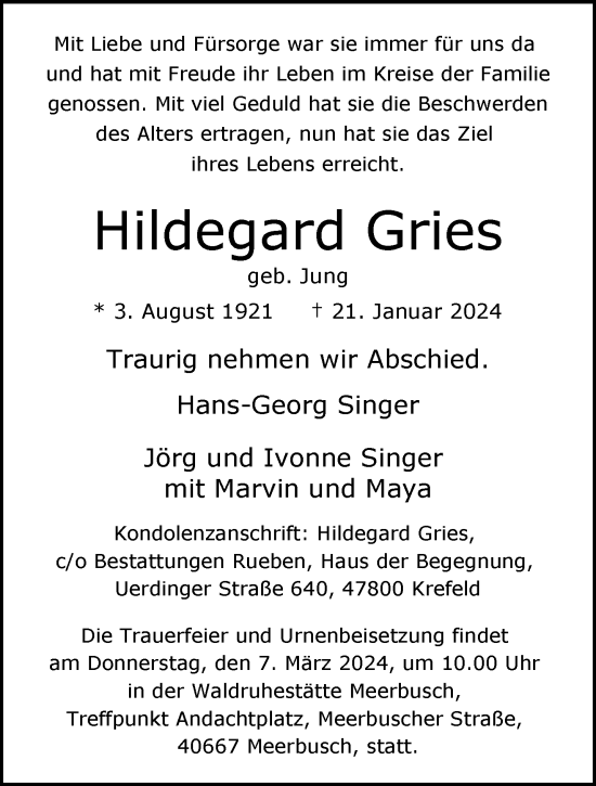 Traueranzeige von Hildegard Gries von trauer.extra-tipp-moenchengladbach.de