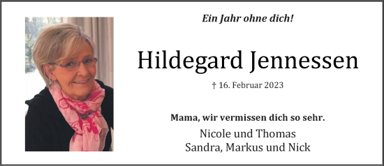 Traueranzeige von Hildegard Jennessen von trauer.extra-tipp-moenchengladbach.de