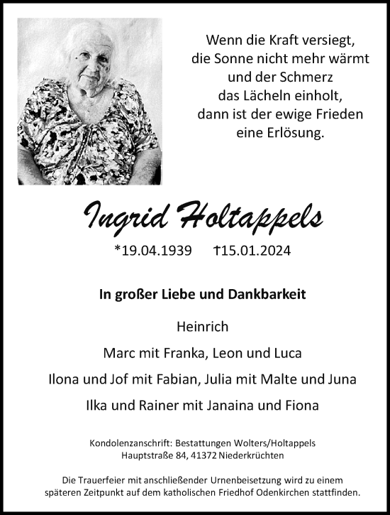 Traueranzeige von Ingrid Holtappels von trauer.extra-tipp-moenchengladbach.de