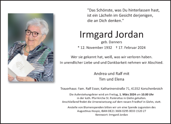 Traueranzeige von Irmgard Jordan von trauer.extra-tipp-moenchengladbach.de