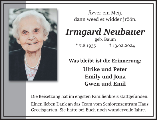 Traueranzeige von Irmgard Neubauer von trauer.extra-tipp-moenchengladbach.de
