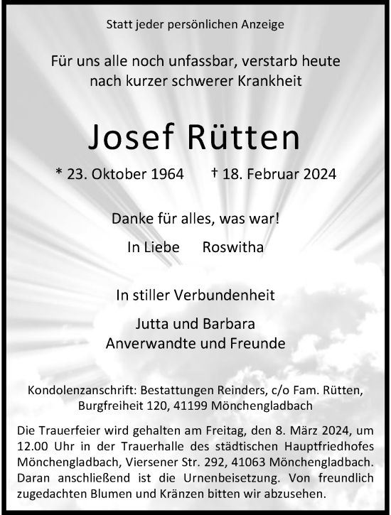 Traueranzeige von Josef Rütten von trauer.extra-tipp-moenchengladbach.de