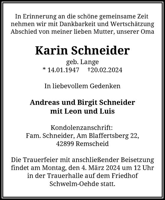 Traueranzeige von Karin Schneider von trauer.wuppertaler-rundschau.de