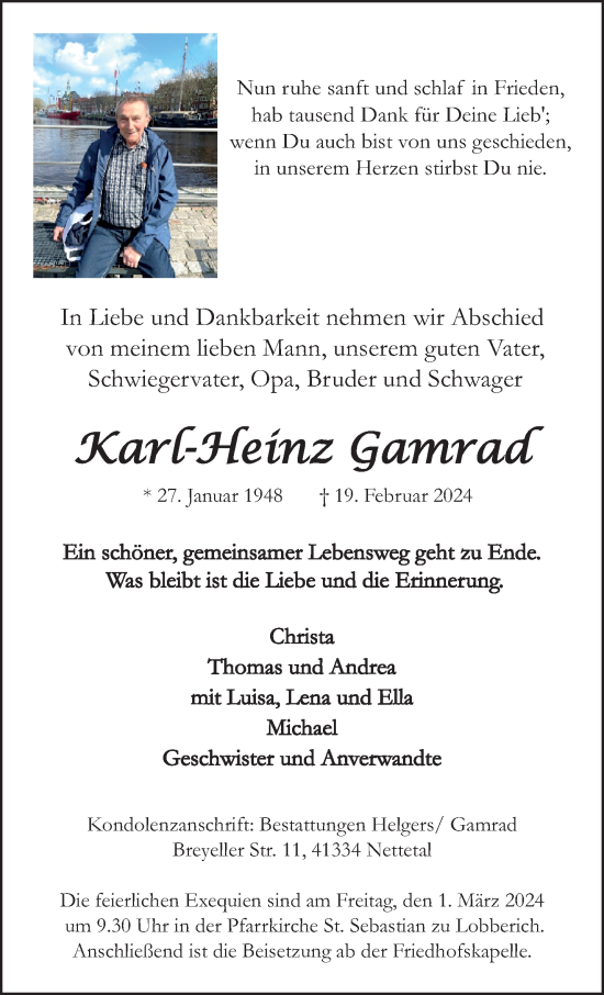 Traueranzeige von Karl-Heinz Gamrad von trauer.extra-tipp-moenchengladbach.de