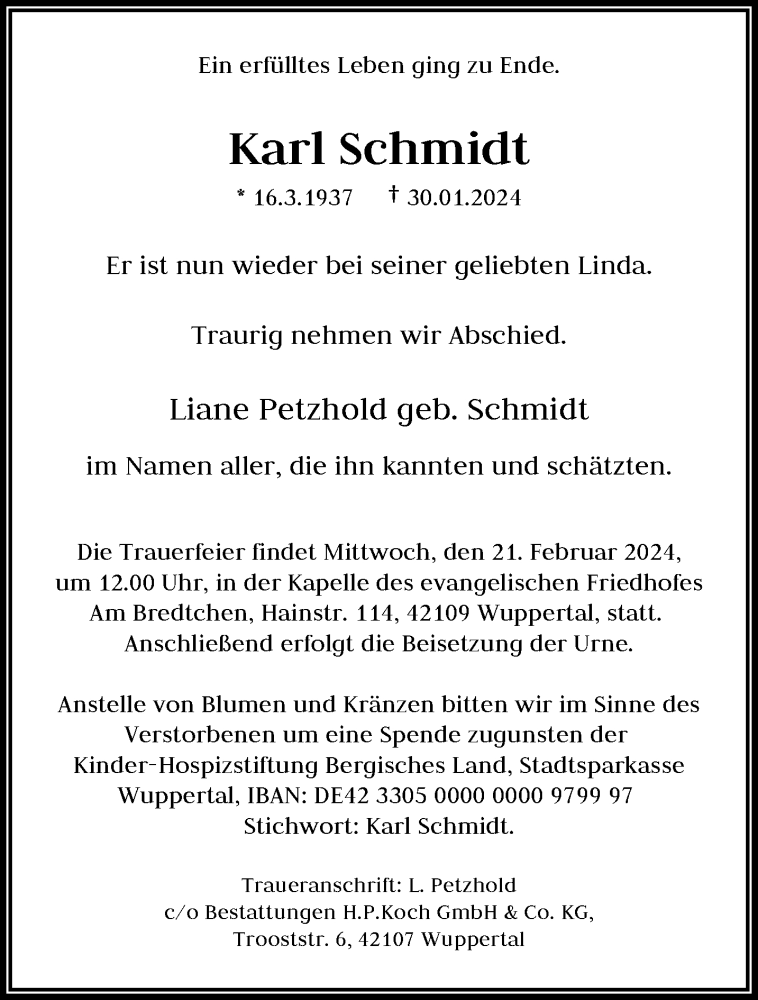 Traueranzeige für Karl Schmidt vom 10.02.2024 aus trauer.wuppertaler-rundschau.de