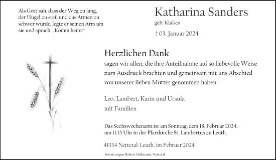 Traueranzeige von Katharina Sanders von trauer.extra-tipp-moenchengladbach.de