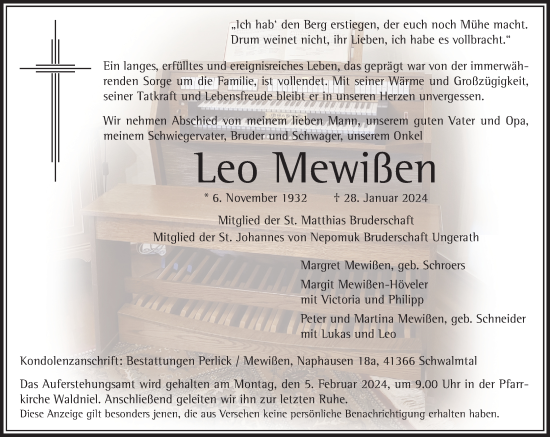 Traueranzeige von Leo Mewißen von trauer.extra-tipp-moenchengladbach.de