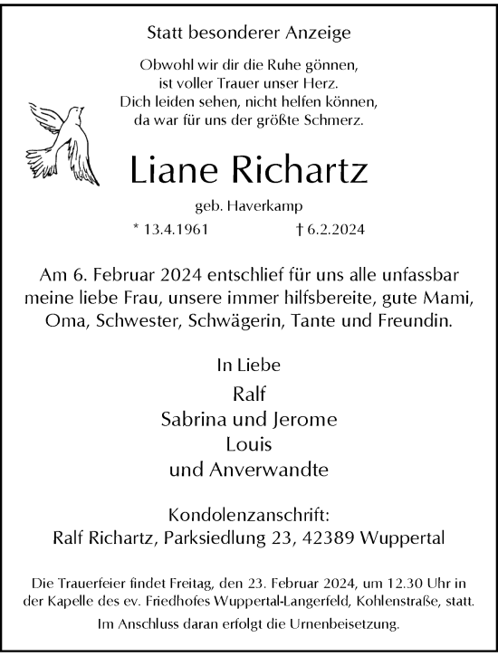 Traueranzeige von Liane Richartz von trauer.wuppertaler-rundschau.de