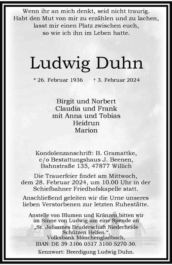 Traueranzeige von Ludwig Duhn von trauer.extra-tipp-moenchengladbach.de