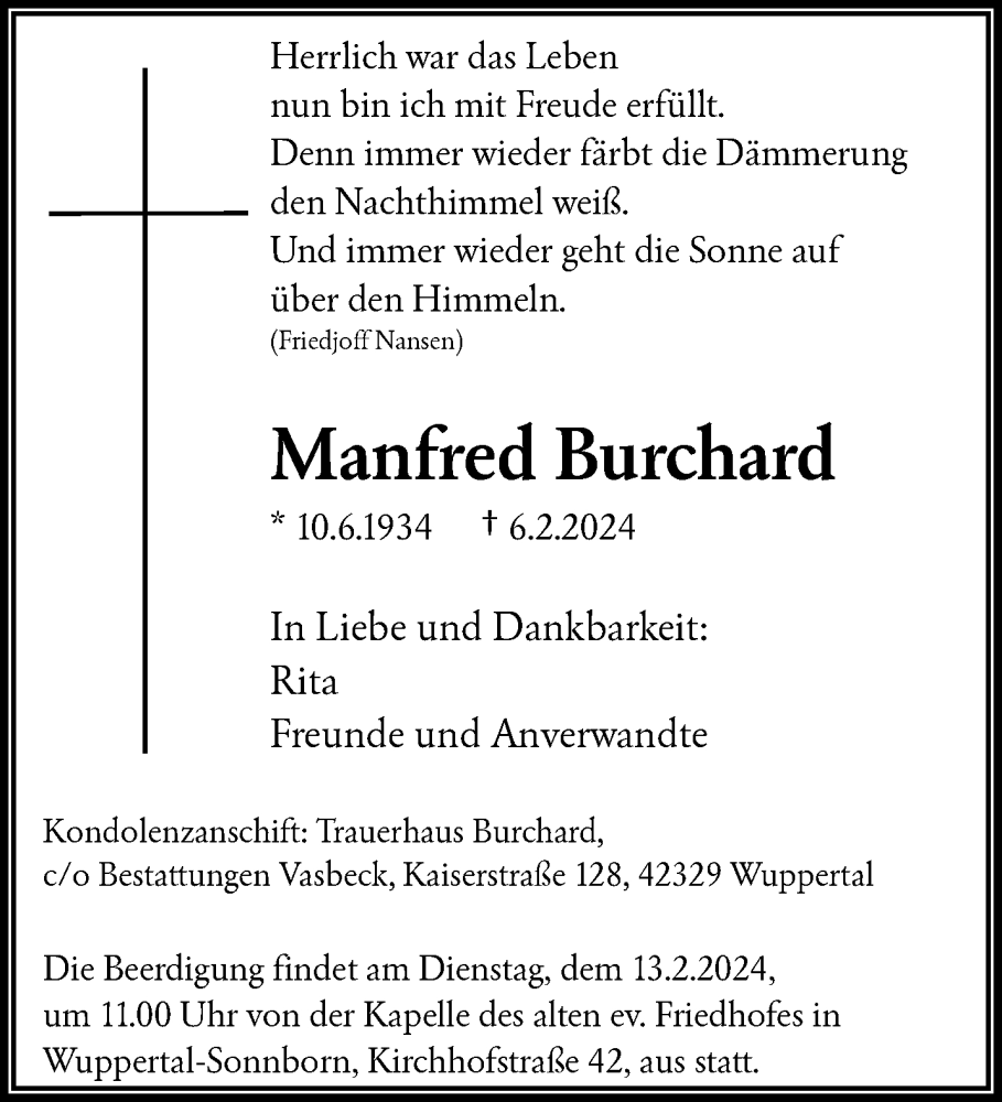  Traueranzeige für Manfred Burchard vom 10.02.2024 aus trauer.wuppertaler-rundschau.de