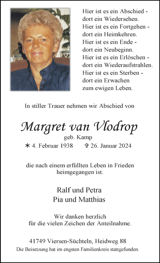 Traueranzeige von Margret van Vlodrop von trauer.extra-tipp-moenchengladbach.de