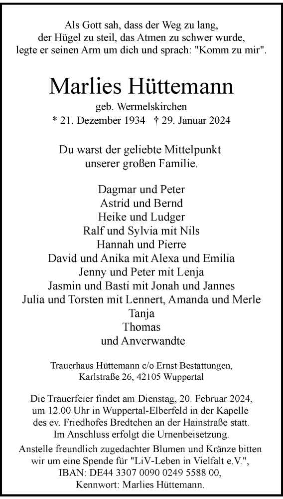  Traueranzeige für Marlies Hüttemann vom 10.02.2024 aus trauer.wuppertaler-rundschau.de