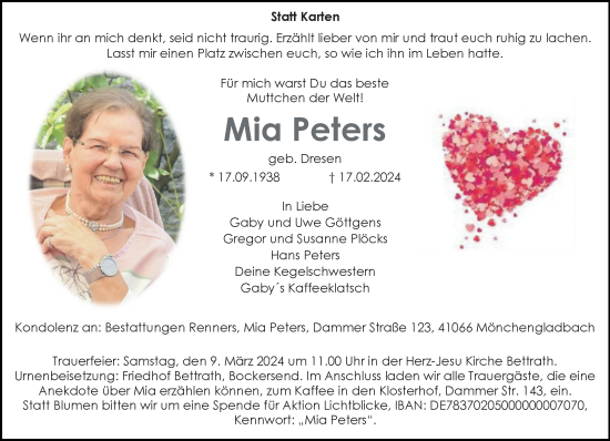 Traueranzeige von Mia Peters von trauer.extra-tipp-moenchengladbach.de