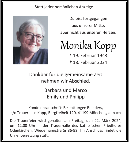 Traueranzeige von Monika Kopp von trauer.extra-tipp-moenchengladbach.de
