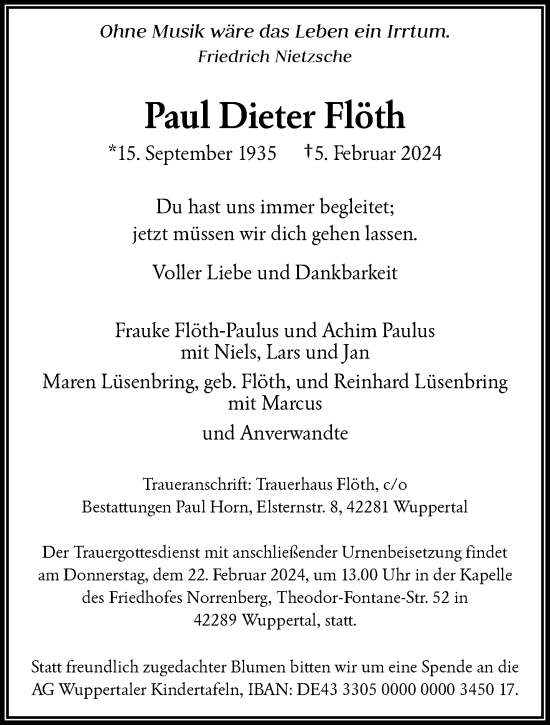 Traueranzeige von Paul Dieter Flöth von trauer.wuppertaler-rundschau.de