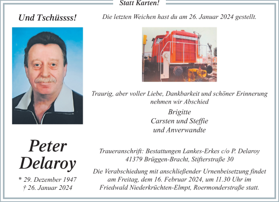 Traueranzeige von Peter Delaroy von trauer.extra-tipp-moenchengladbach.de