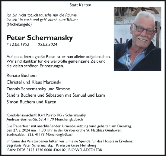 Traueranzeige von Peter Schermansky von trauer.extra-tipp-moenchengladbach.de