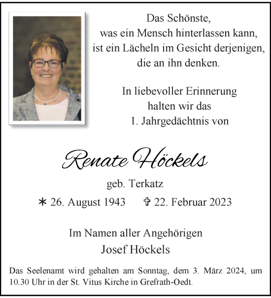 Traueranzeige von Renate Höckels von trauer.extra-tipp-moenchengladbach.de