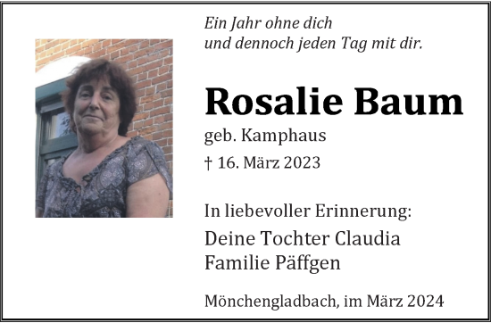 Traueranzeige von Rosalie Baum von trauer.extra-tipp-moenchengladbach.de