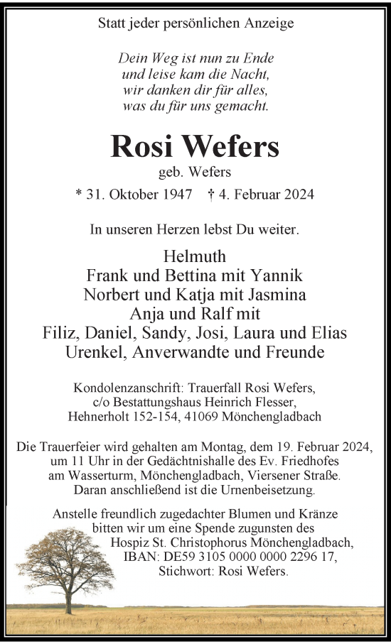 Traueranzeige von Rosi Wefers von trauer.extra-tipp-moenchengladbach.de