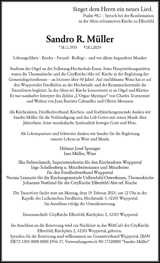 Traueranzeige von Sandro R. Müller von trauer.wuppertaler-rundschau.de