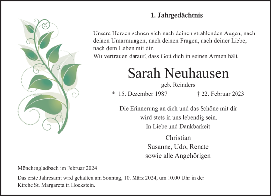 Traueranzeige von Sarah Neuhausen von trauer.extra-tipp-moenchengladbach.de